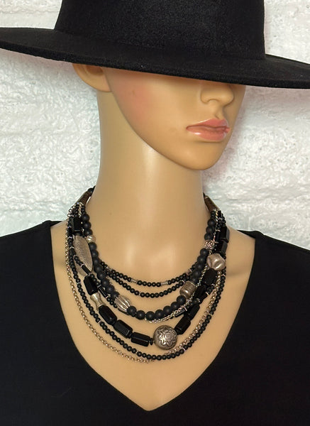 Multi-Strand Black Onyx and Silver Statement Necklace