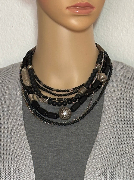 Multi-Strand Black Onyx and Silver Statement Necklace