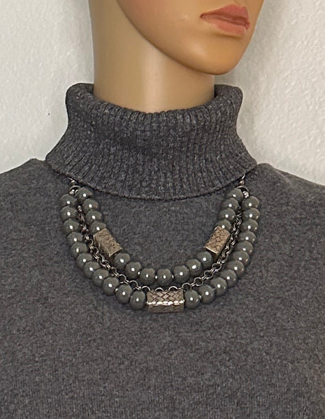 Gray Ceramic and Silver Statement Necklace