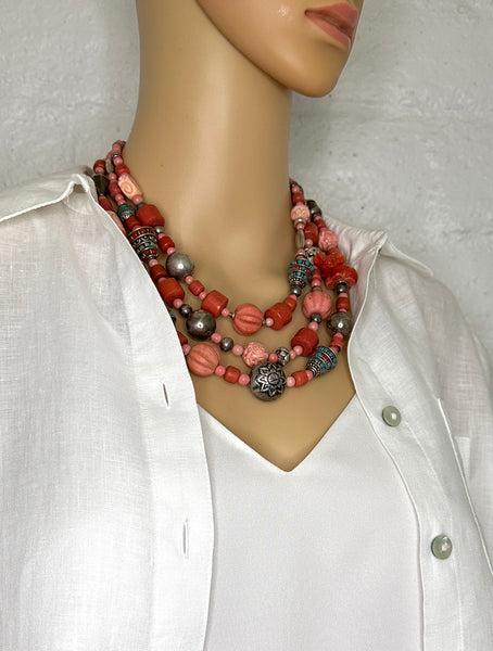 Mixed-Bead Coral and Silver Statement Necklace