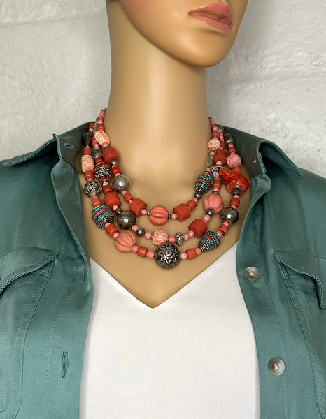 Mixed-Bead Coral and Silver Statement Necklace