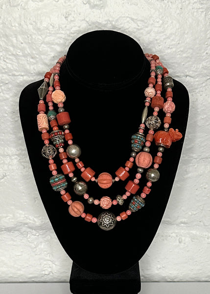 Mixed-Bead Coral and Silver Statement Necklace