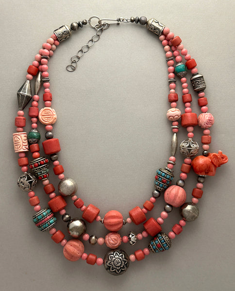 Mixed-Bead Coral and Silver Statement Necklace