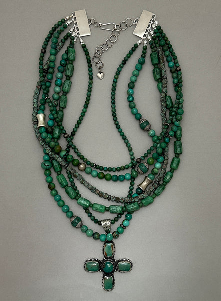 Multi-Strand Turquoise Statement Necklace with Tibetan Pendant