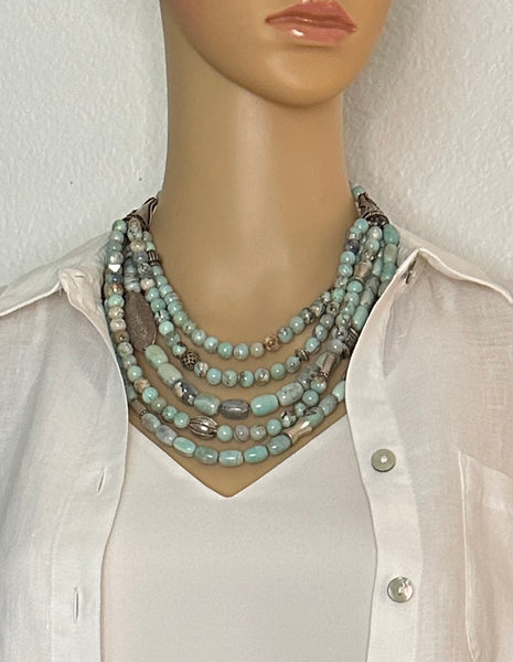 Aqua Terra Agate and Silver Statement Necklace