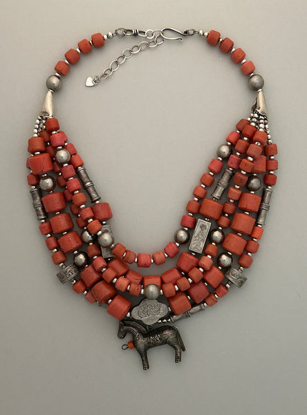 Faux Coral and Vintage Hong Kong Silver Statement Necklace