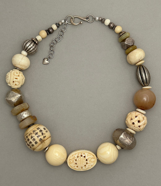 Mixed-Bead Natural and Silver Statement Necklace