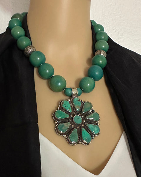 Turquoise Tagua Statement Necklace with Tibetan Pendant