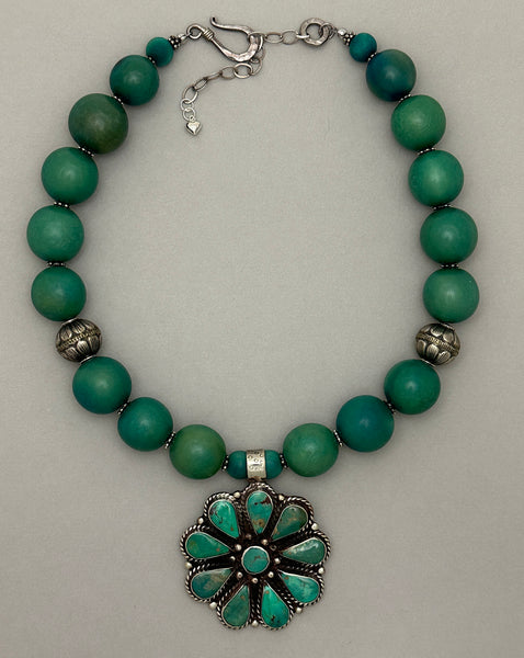 Turquoise Tagua Statement Necklace with Tibetan Pendant