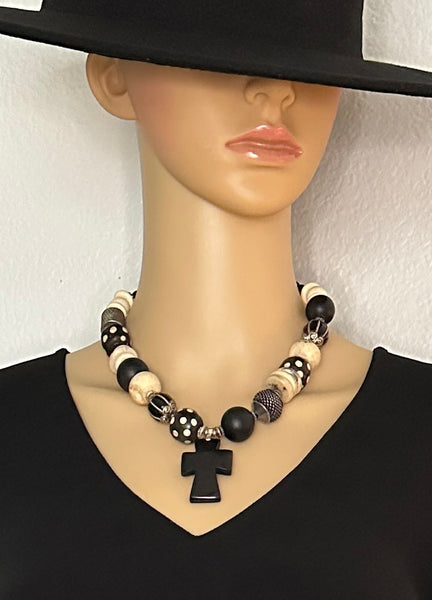 Mixed-Bead Statement Necklace with Tagua Pendant