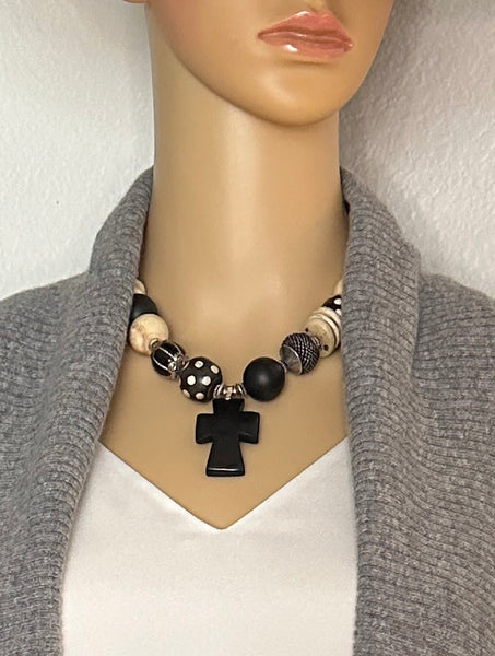 Mixed-Bead Statement Necklace with Tagua Pendant