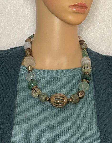 Mixed-Bead and Brass Statement Necklace