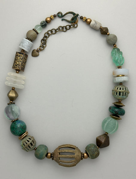 Mixed-Bead and Brass Statement Necklace