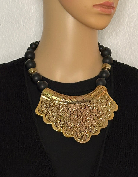 Black Onyx and Tibetan Brass Statement Necklace