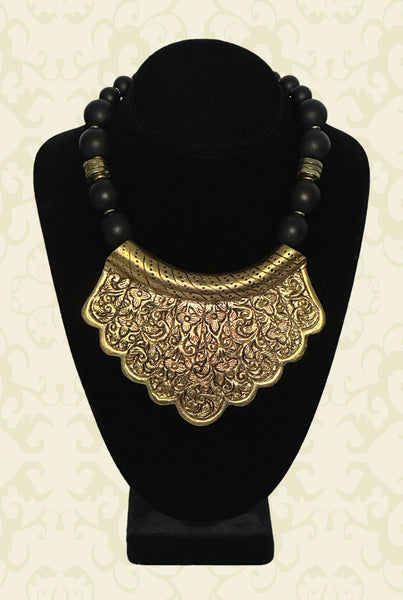 Black Onyx and Tibetan Brass Statement Necklace