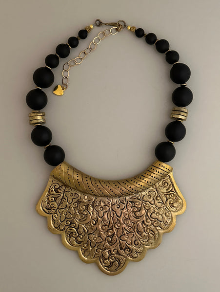 Black Onyx and Tibetan Brass Statement Necklace